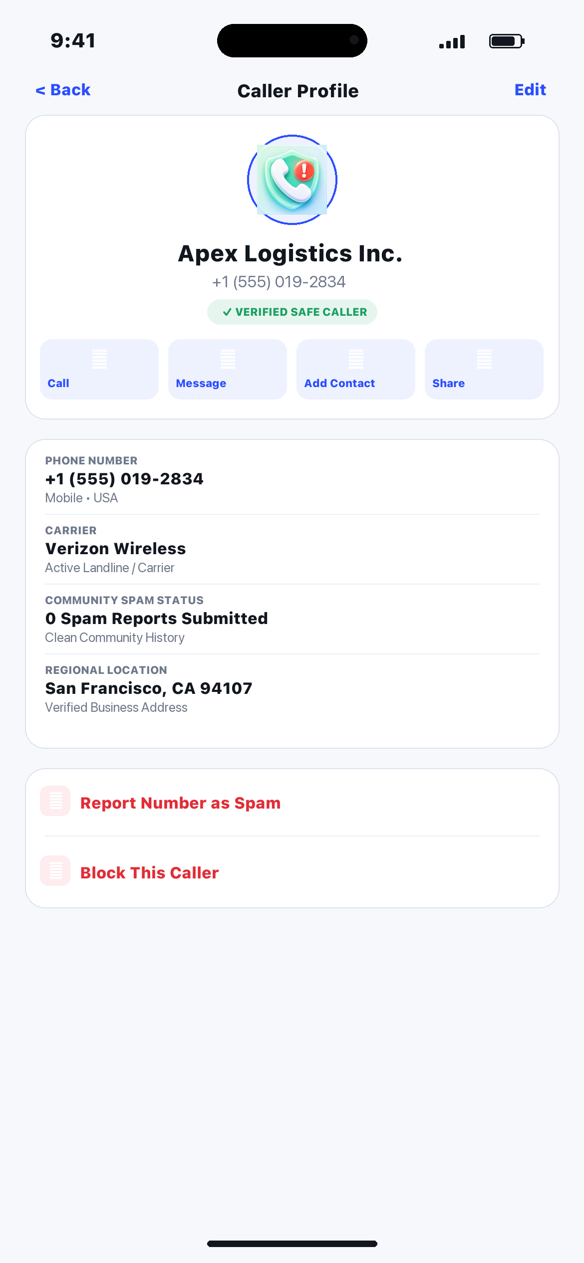 CallSpot caller profile screen
