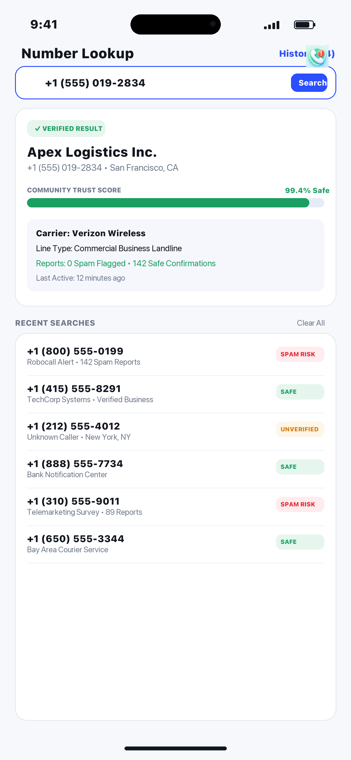 CallSpot reverse phone number lookup screen